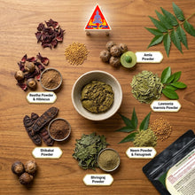 Load image into Gallery viewer, MAVASIVA Herbal Hair Dye Key Ingredients – Amla, Bhringraj, Shikakai, Reetha, Hibiscus, Neem, Fenugreek and Lawsonia Inermis Henna Powder laid out on Wooden Surface