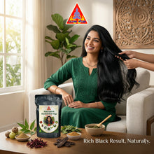 Load image into Gallery viewer, MAVASIVA Herbal Hair Dye – Woman with Long Glossy Black Hair Showing Rich Black Result Naturally with Herbal Ingredients and Product Pack