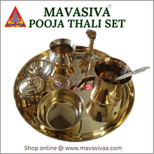 Load image into Gallery viewer, MAVASIVA Premium Brass Pooja Thali Set of 9 | Complete Puja Plate for Festivals &amp; Ceremonies
