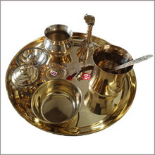 Load image into Gallery viewer, MAVASIVA Premium Brass Pooja Thali Set of 9 | Complete Puja Plate for Festivals &amp; Ceremonies
