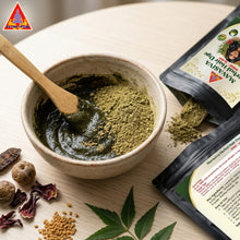 Load image into Gallery viewer, MAVASIVA Herbal Hair Dye Powder Mixed into Paste in Clay Bowl with Bamboo Spoon – Natural Ingredients including Hibiscus, Neem, Fenugreek and Reetha alongside Product Pack
