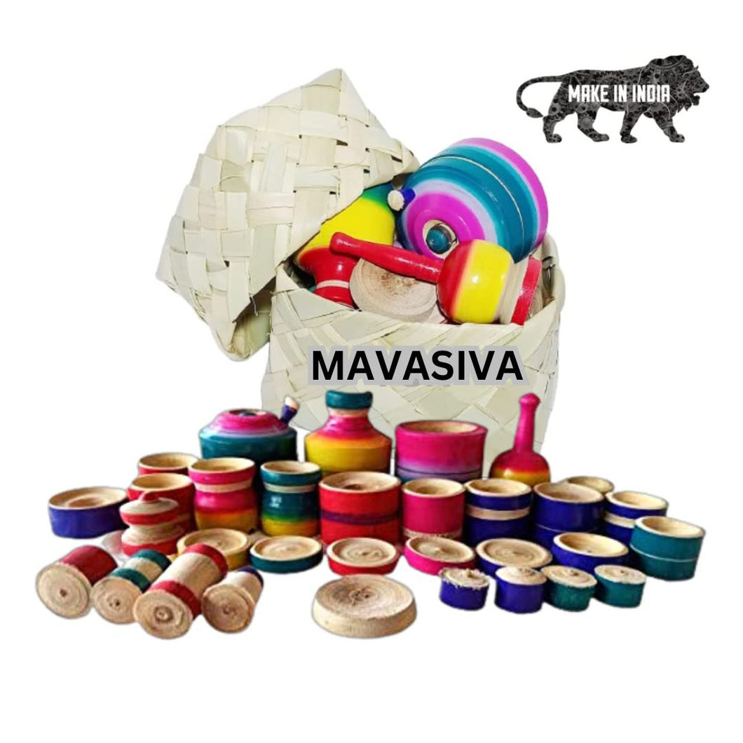 MAVASIVA Wooden Kitchen Set for Kids, 32 Piece Choppu Saman Set, Multi-Colored, Ecofriendly Miniature kitchen set