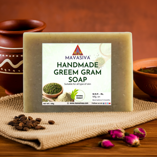 MAVASIVA Handmade Green Gram Soap with a label on a rustic background