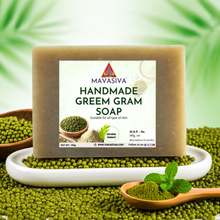 Load image into Gallery viewer, MAVASIVA Handmade Green Gram Soap with green gram and mint leaves on a green background
